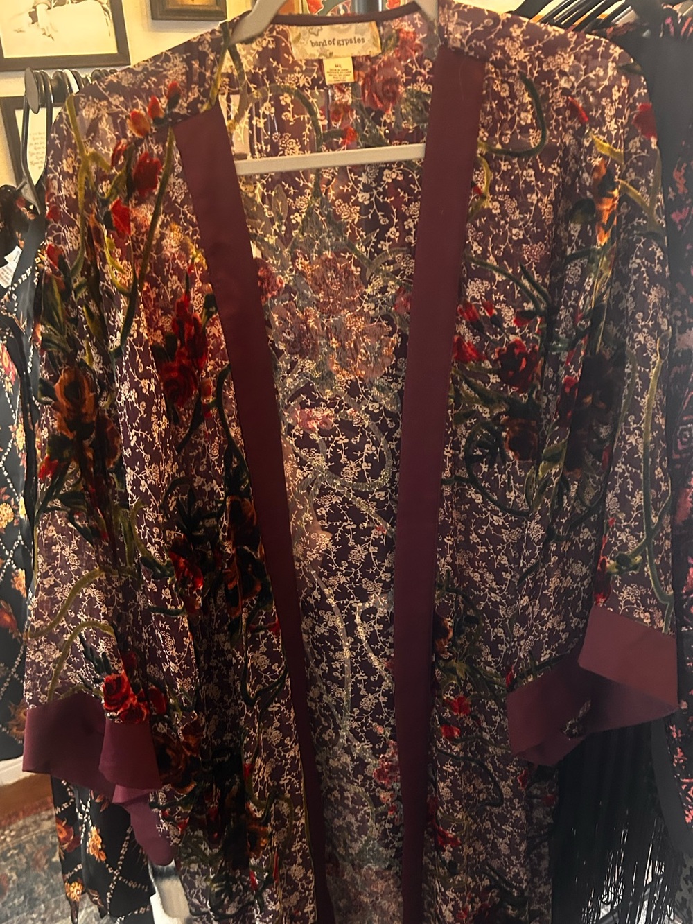 Flora Velvet Trim Kimono Robe - Purple and green